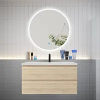 aica ensemble meuble vasque l.99cm 2 tiroirs + lavabo + led miroir rond 90cm,chêne，easy