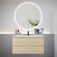 aica ensemble meuble vasque l.99cm 2 tiroirs + lavabo + led miroir rond 100cm,chêne，easy