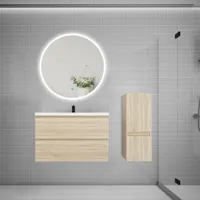 aica ensemble meuble vasque l.79cm 2 tiroirs + lavabo + led miroir rond 90cm + colonne,chêne