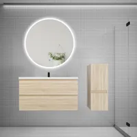 aica ensemble meuble vasque l.99cm 2 tiroirs + lavabo + led miroir rond 100cm + colonne,chêne