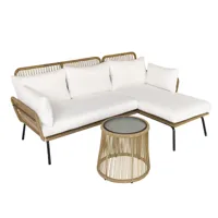 salon de jardin d'angle 4 pers. style colonial table basse coussins grand confort inclus résine tressée beige