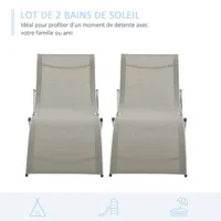 lot de 2 bains de soleil pliables design contemporain - lot de 2 transats ergonomiques - alu. textilène gris clair