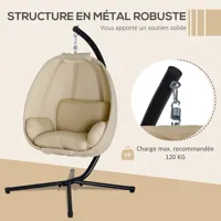 fauteuil suspendu de jardin - fauteuil oeuf suspendu pliable - coussin et support inclus - métal époxy noir textilène beige