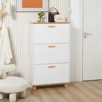 meuble à chaussures design scandinave 3 portes abattantes 3 étagères réglables bois pin panneaux blanc