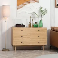 commode vintage 6 tiroirs coulissants piètement bois de pin panneaux aspect bois de teck