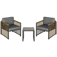 ensemble salon de jardin 3 pièces style colonial 2 fauteuils coussins gris table basse métal noir résine filaire marron