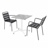 ensemble table de terrasse stratifié marbre et 2 fauteuils gris