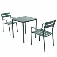 table de terrasse carrée (70 x 70cm) et 2 fauteuils vert foncé