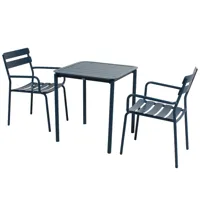 table de terrasse carrée (70 x 70cm) et 2 fauteuils bleu foncé