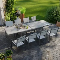 table de jardin extensible aluminium 270cm + 8 fauteuils empilables textilène anthracite gris - lio 8