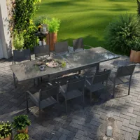 table de jardin extensible aluminium 270cm + 8 fauteuils empilables textilène anthracite - lio 8
