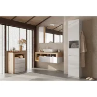 commode de salle de bains large 64cm, 3 tiroirs, collection bura. coloris blanc brillant laqué et chêne clair