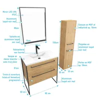 meuble salle de bains 80 cm, vasque blanche, miroir led et colonne - chêne naturel - structura
