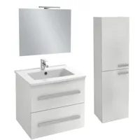 meuble vasque 60 cm jacob delafon ola up blanc brillant + colonne + miroir et spots