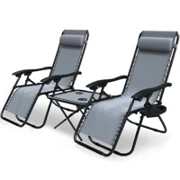 vounot lot de 2 chaise longue inclinable en textilene avec table d'appoint porte gobelet et portable gris