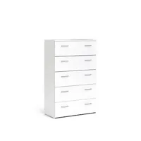 commode à cinq tiroirs avec poignées, couleur blanche, dimensions 74 x 114 x 36 cm