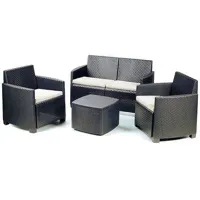 ensemble d'extérieur composé de : 2 fauteuils une place, 1 canapé deux places, 1 table conteneur, avec 4 coussins, made in italy, couleur anthracite