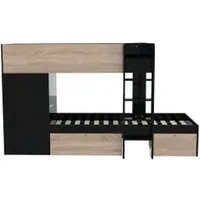 lit superposé 90x190 cm twin avec armoire + 2 tiroirs imitation chêne et noir