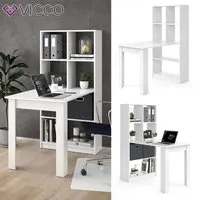 bureau vicco gael blanc, bureau informatique avec tablette, étagère, séparateur de pièce, bureau