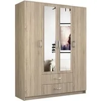 roma | grande armoire chambre bureau 205x160x52 cm | penderie | 2 portes | 2 miroirs | 2 tiroirs | meuble de rangement | sonoma