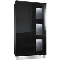 vladon vitrine armoire denjo, corps en noir mat - façades en noir haute brillance avec éclairage led en blanc