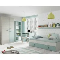 chambre enfant complète 90x190 bois blanchi/vert - monterey - bleu - bois - lit : l 201 x l 98 x h 43 cm / etagère : l 180 x l 19 x