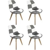 lot de 4 chaises patchwork noir  et blanc - design graphik chic - pieds bois hêtre massif - lidy