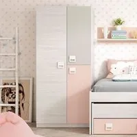 armoire enfant - lomlom - 3 portes battantes - bois blanchi/rose - blanc