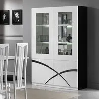 vaisselier contemporain laqué blanc/noir à leds - cross - bois - 4 portes - l 118 x l 46 x h 181 cm