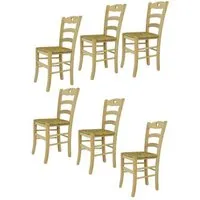tommychairs - set 6 chaises cuisine cuore, robuste structure en bois d'hêtre poli, non traité, 100% naturel, assise en paille