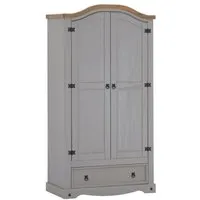 armoire ramon penderie pour vêtements en pin massif gris et brun avec 2 portes et 1 tiroir, meuble de chambre style mexicain en bois