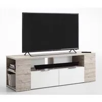 meuble tv, en bois mélaminé coloris chêne sable-blanc - dim : l 150 x h 50 x p 40 cm