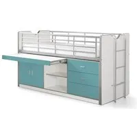 lit mezzanine bonny 95 en mdf avec bureau intégré et rangements - blanc et touches de turquoise - sommier inclus