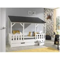 lit cabane malia vipack en bois massif avec toit noir et lit gigogne - 90x200cm