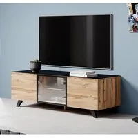 meuble tv viena - chêne wotan et noir - 150x47cm - porte vitrée - éclairage led