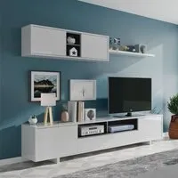 composition tv blanc/gris anthracite - irvine - blanc - bois - meuble tv : l 200 x l 41 x h 46 / etagère murale : l 200 x l 29 x h