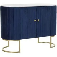 commode meuble de rangement en bois marbre et velours bleu - longueur 120 x hauteur 85 x profondeur 48 cm