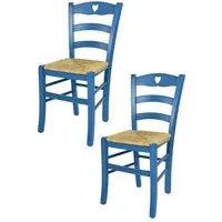 tommychairs - set 2 chaises cuisine cuore, robuste structure en bois de hêtre peindré en aniline couleur bleue et assise en paille