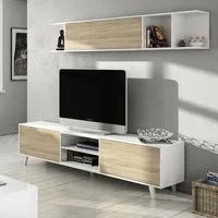 composition tv blanc brillant/chêne clair - stockton - bois clair - bois - meuble tv : l 180 x l 41 x h 51 / etagère murale : l 180