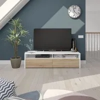 meuble tv 2 portes blanc/chêne - tiko - blanc - bois - l 130 x l 40 x h 36 cm - meuble tv