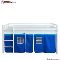 lit mezzanine enfant - homestyle4u - blanc - 90x200 cm - avec échelle et rideau bleu