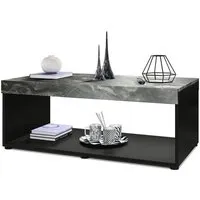 vladon table basse de salon pure avec deux grandes étagères, corps en noir mat - plateau et bordures en marbre graphite