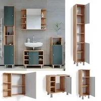 vicco ensemble de meubles de salle de bains fynn chêne vert  armoire miroir meuble vasque 60 cm armoire midi armoire haute