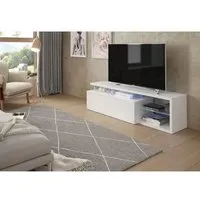 meuble tv 1 porte à leds blanc - wanga - blanc - bois - l 150 x l 41 x h 43 cm - meuble tv