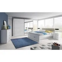 chambre à coucher floyd : armoire 200cm, lit 140x200, commodes, chevets. coloris blanc effet bois. blanc