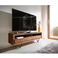 meuble-tv stonegrace acacia marron plaqué pierre 145 cm 2 tiroirs 1 compartiment pied en v noir lowboard