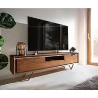 meuble-tv stonegrace acacia marron plaqué pierre 175 cm 2 portes 1 tiroir 1 compartiment pied en v noir lowboard