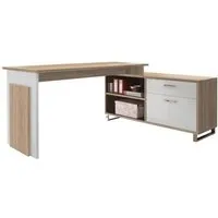 table de bureau d'angle en bois mdf coloris chêne sonoma, blanc - longueur 140 x hauteur 76 x profondeur 65 cm