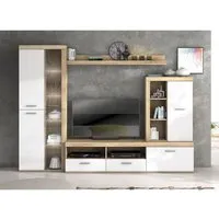 ensemble de salon - pegane - meuble tv + étagère murale + armoire + meuble haut - chêne cambrian, blanc
