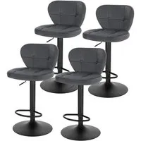 4x tabourets de bar en velours, chaises de cuisine avec dossier, hauteur réglable 62-83cm, gris foncé 0847by-4